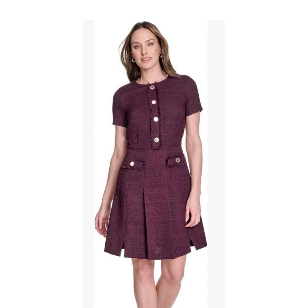 tommy hilfiger tweed dress 4 nwt gold button purple fringe work sheath preppy
